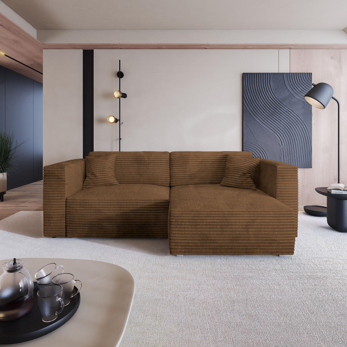 ECKSOFA NERIO Kupferfarben Kordstoff mit Schlaffunktion - Kupferfarben, Holz (245/148cm) - MASSENO