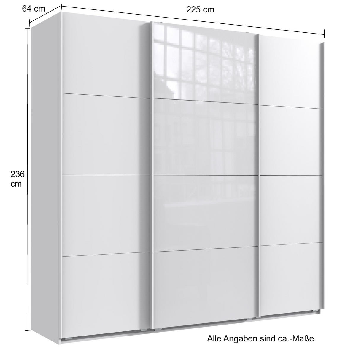 SCHWEBETÜRENSCHRANK 3-türig extrahoch in Weiß, eine Tür mit Glasfront Weiß, B225/H236/T64 cm / 22542 - Weiß, Holzwerkstoff/Metall (225/236/64cm) - luma-home