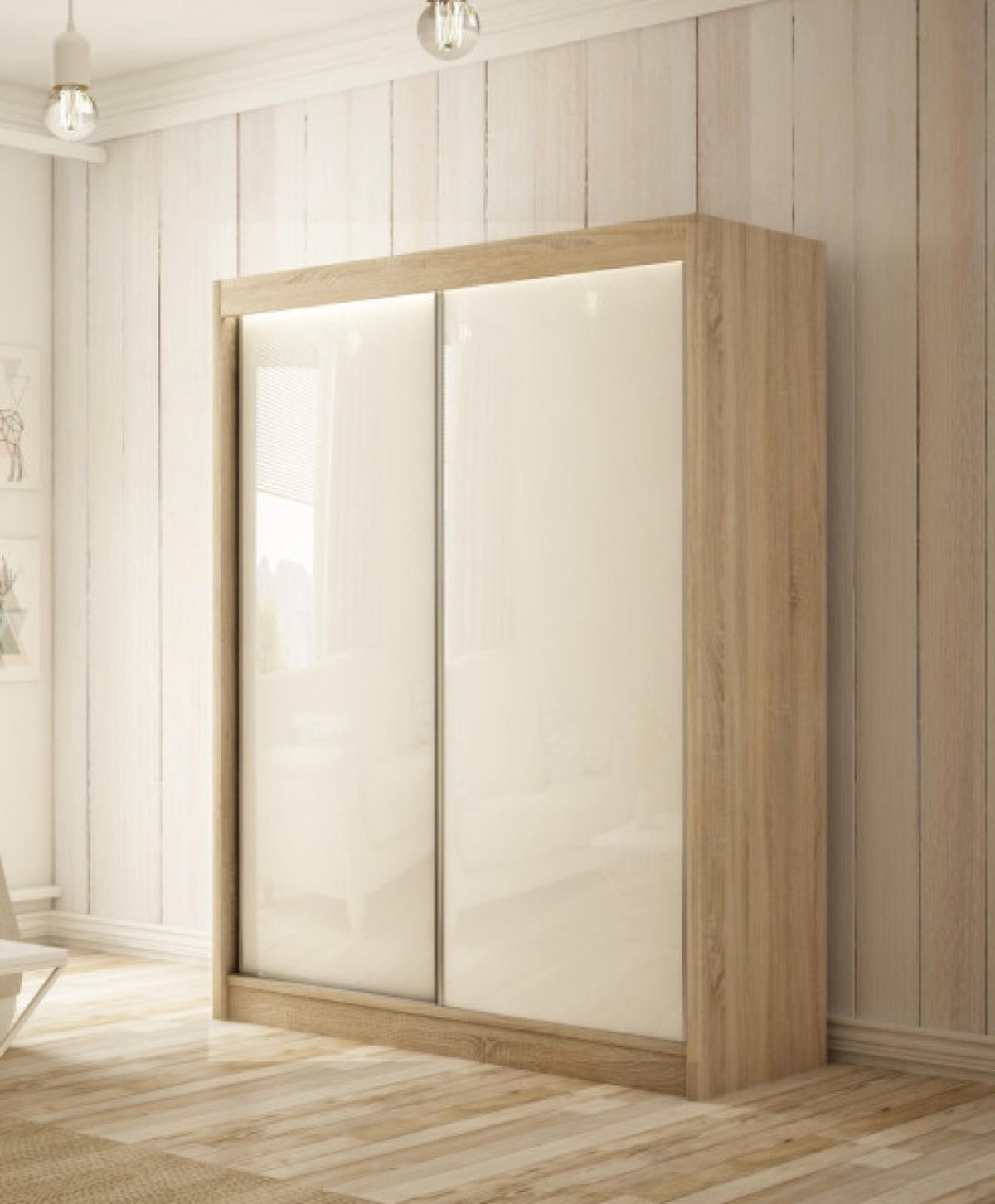 SCHRANK Sonoma Eiche PEAK Schiebetür 150 cm 150x61x215 cm - Eichefarben/Weiß Hochglanz, Holzwerkstoff (150/215/61cm) - Sepro Meble