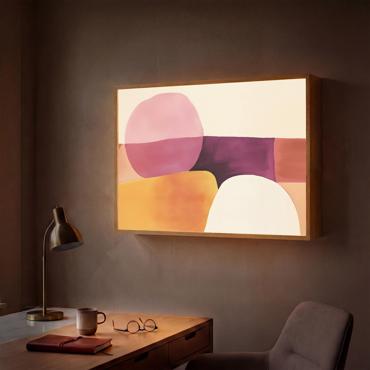 NÁSTĚNNÁ LAMPA S AKUMULÁTOREM Tvary - abstraktní - barevné 90x60 cm - růžová, kompozitní dřevo (90/60/8cm) - OnlyWow