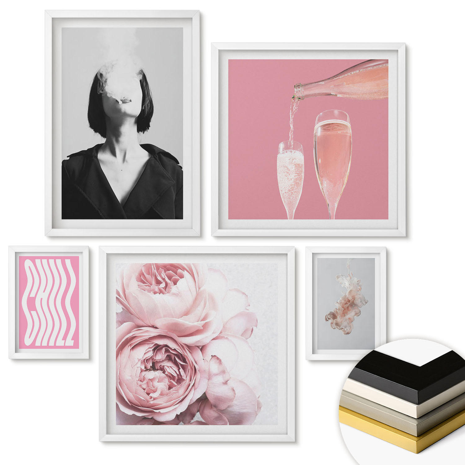 WANDBILDER 5er-Set - 50x50 cm & 20x30 cm & 40x60 cm Weißer Rahmen - Stilvolles Porträt mit Champagner - Weiß, Kunststoff (40/60cm) - ArtPrintCave