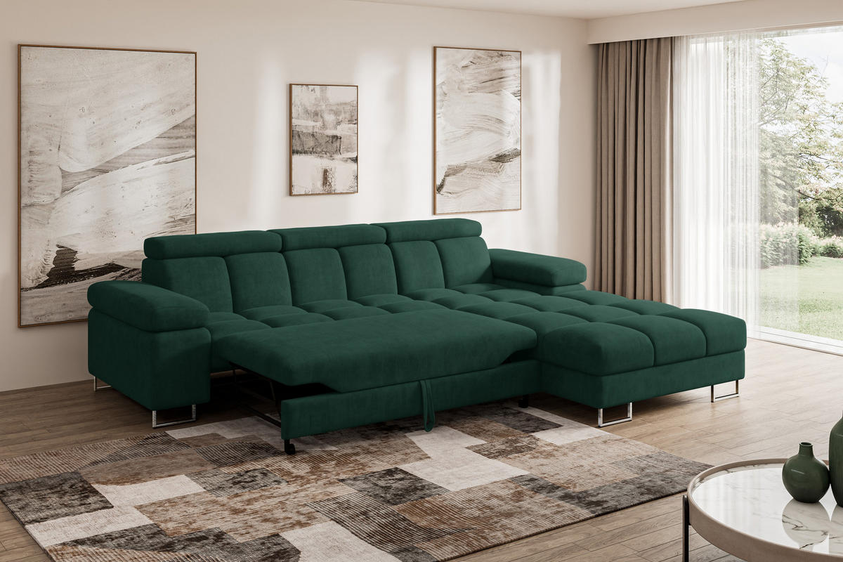 ECKSOFA mit Schlaffunktion Ottomane Rechts COMA L 271x203x79 Grün Velours - Grün, Holzwerkstoff/Textil (203/271cm) - ALTDECOR