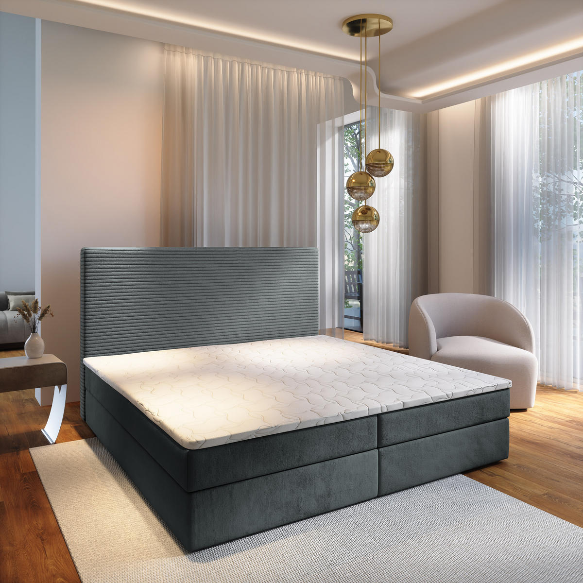 BOXBETT GIARRO 160x200 cm mit Matratze und Topper - Grau - Grau, Holz (160/200cm) - MASSENO