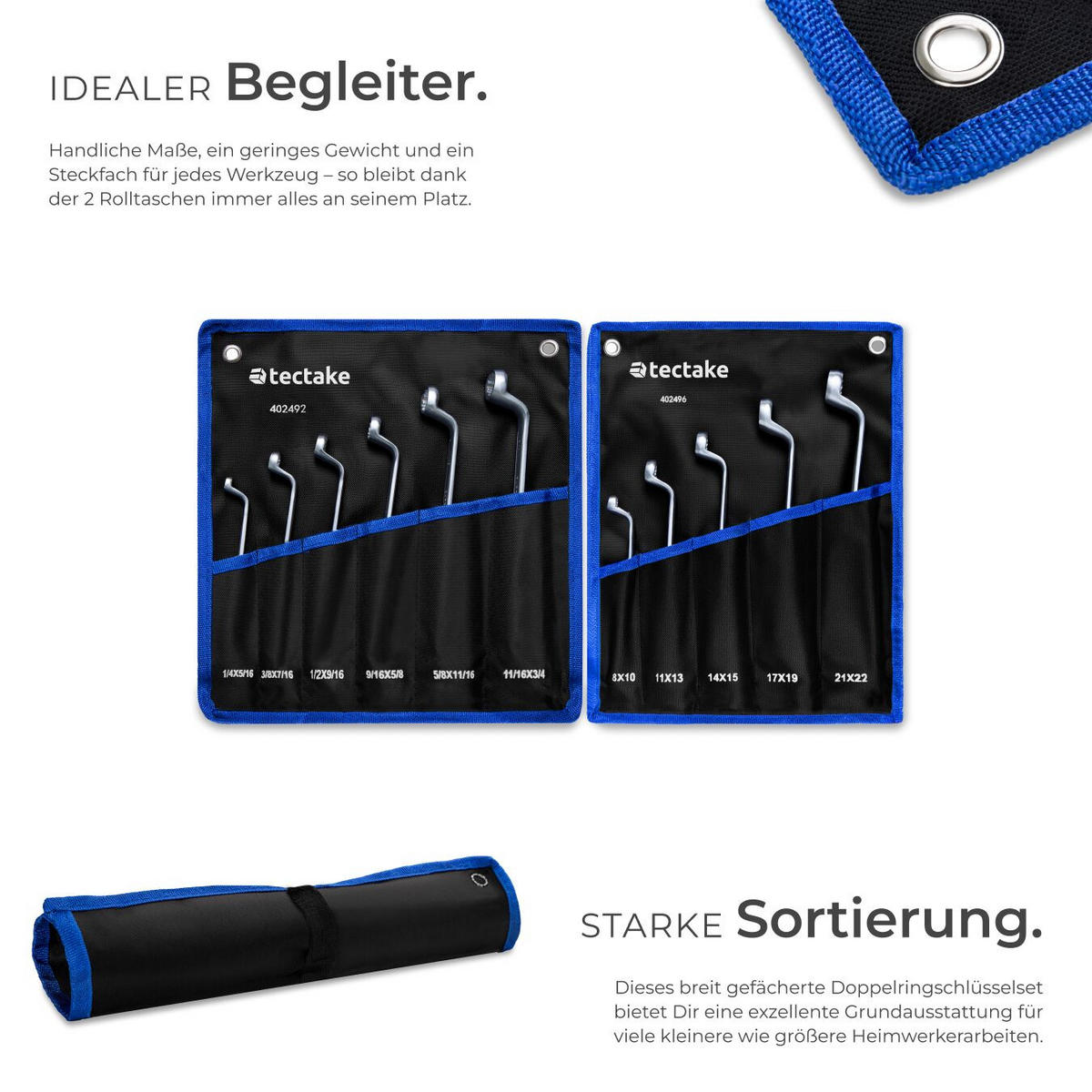 DOPPELRINGSCHLÜSSELSET ,inklusive 2 Rolltaschen mit Ösen,schwarz/silber - Silberfarben/Schwarz, Metall (37/8/7cm) - tectake