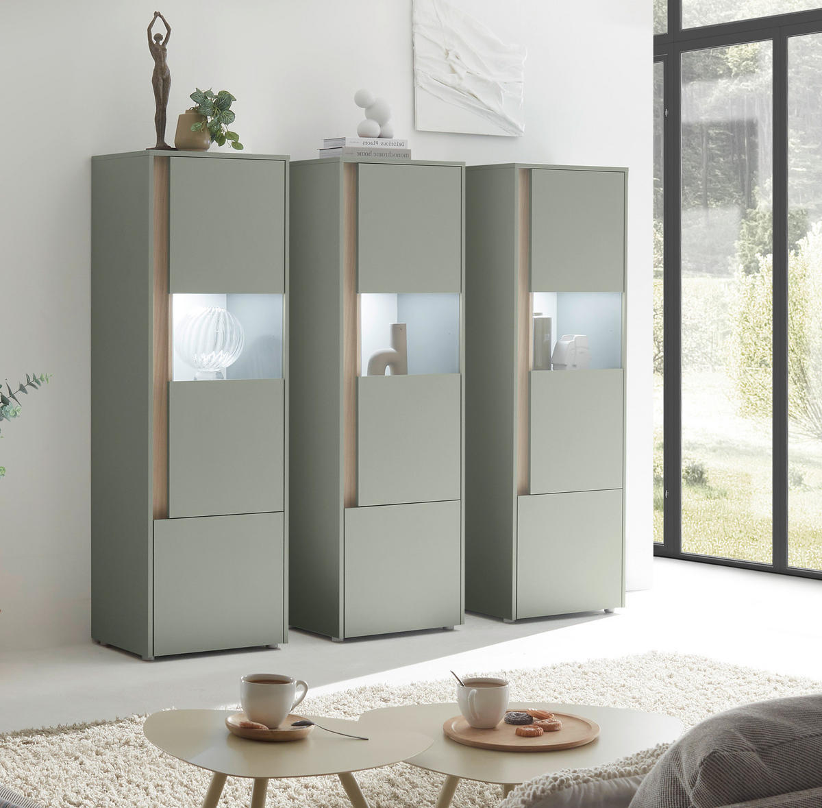 SCHANK-SET Salbei grün, Barista Eiche 190 cm, Vitrinen-Set mit 3x Vitrine je 50x 155 cm - Salbeigrün/Eichefarben, Glas/Holzwerkstoff (190/155/40cm) - Furn.Design