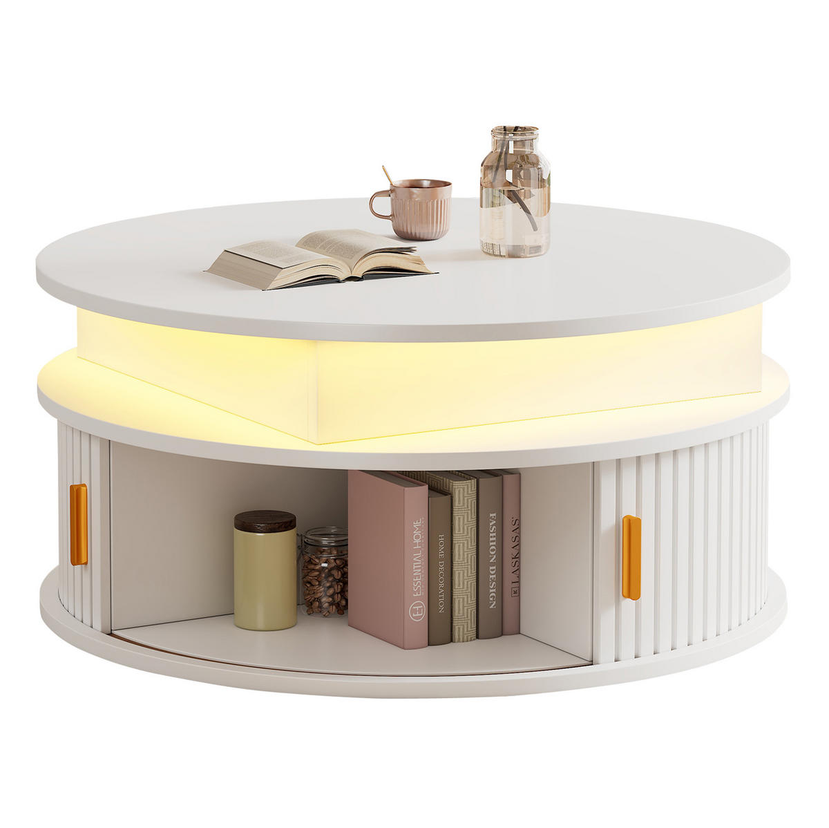 COUCHTISCH 75/75/52 cm aus MDF, höhenverstellbar mit LED-Beleuchtung, Rollladentüren und Stauraum, Weiß - Weiß, Holzwerkstoff (75/75/52cm) - Modfu