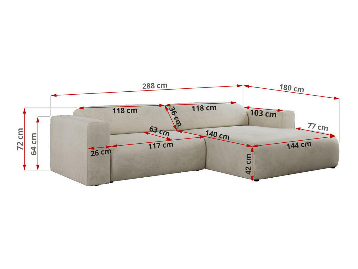 ECKSOFA PASADENA Beige Velvet - Links Seite - Beige/Schwarz, Kunststoff/Textil (288/180cm) - MKS