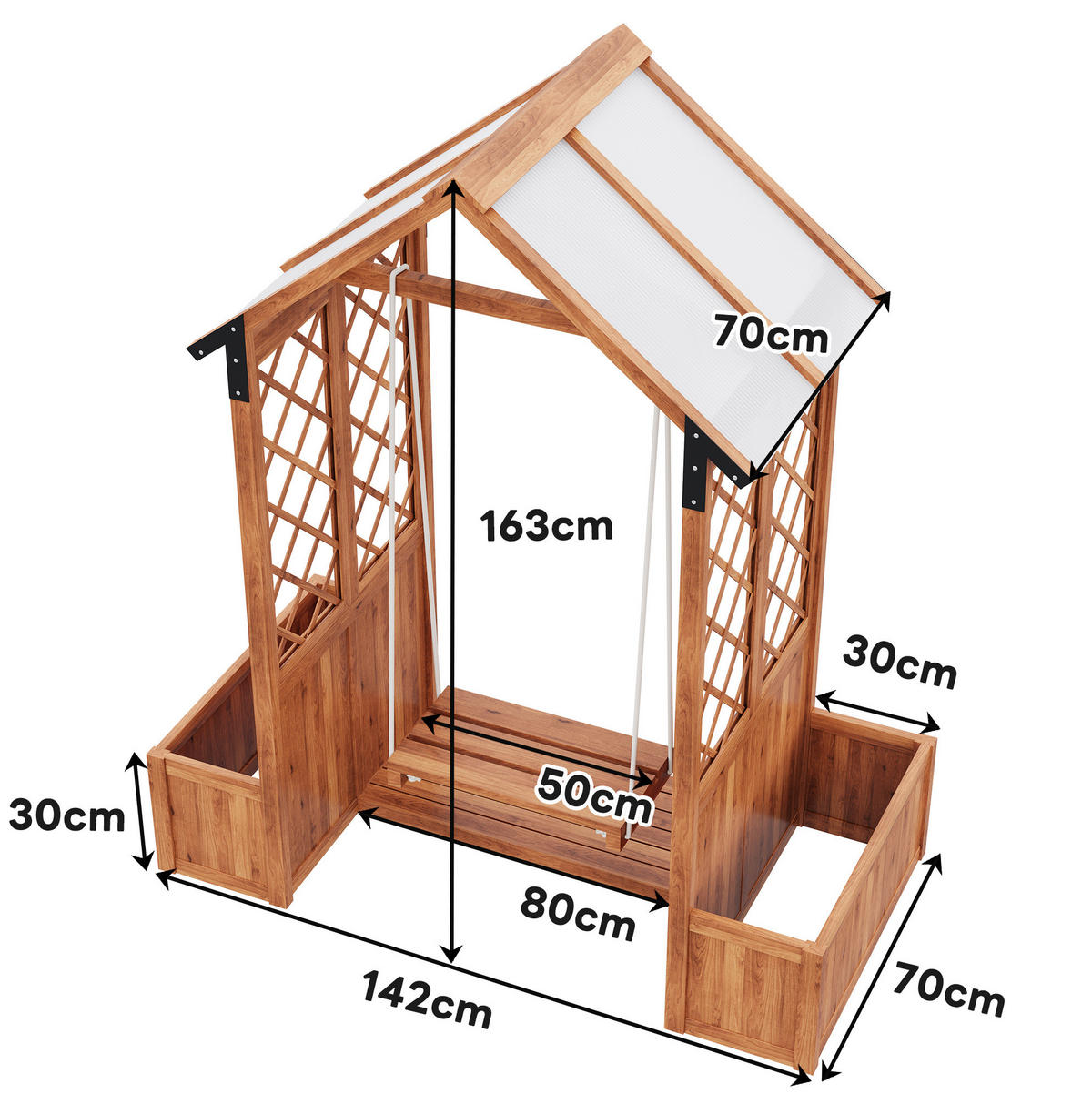 TRUHLÍK na kvety s trelážou a hojdačkou, 163/142/70 cm, masívne jedľové drevo, hnedý - hnedá, drevo (70/163/142cm) - BEAOK