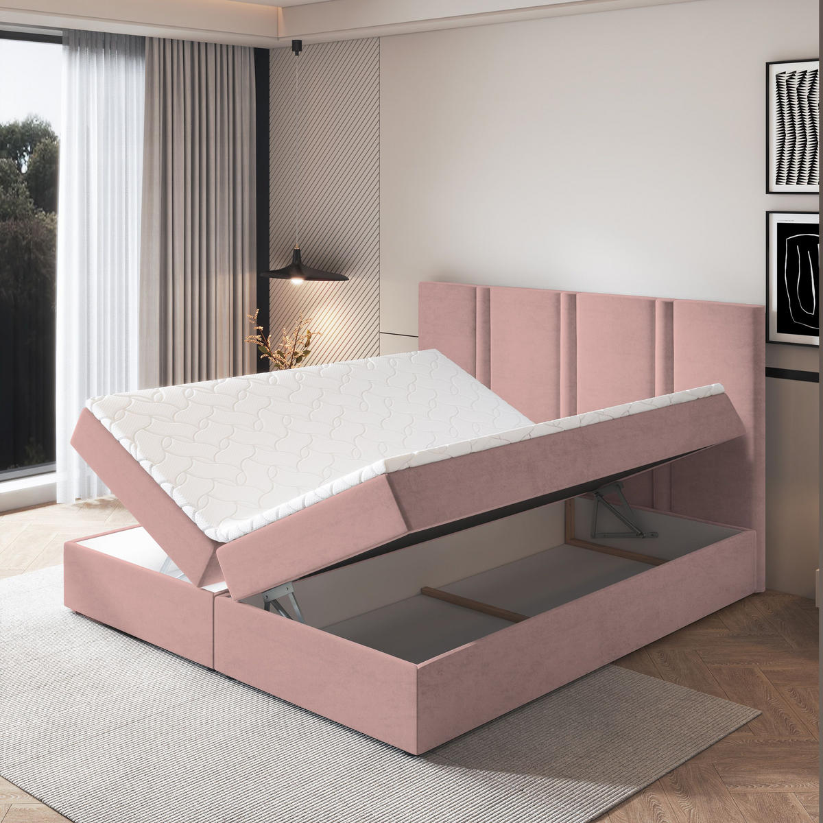 BOXBETT LARIO 160x200 cm mit Matratze und Topper - Rosa - Rosa, Holz (160/200cm) - MASSENO