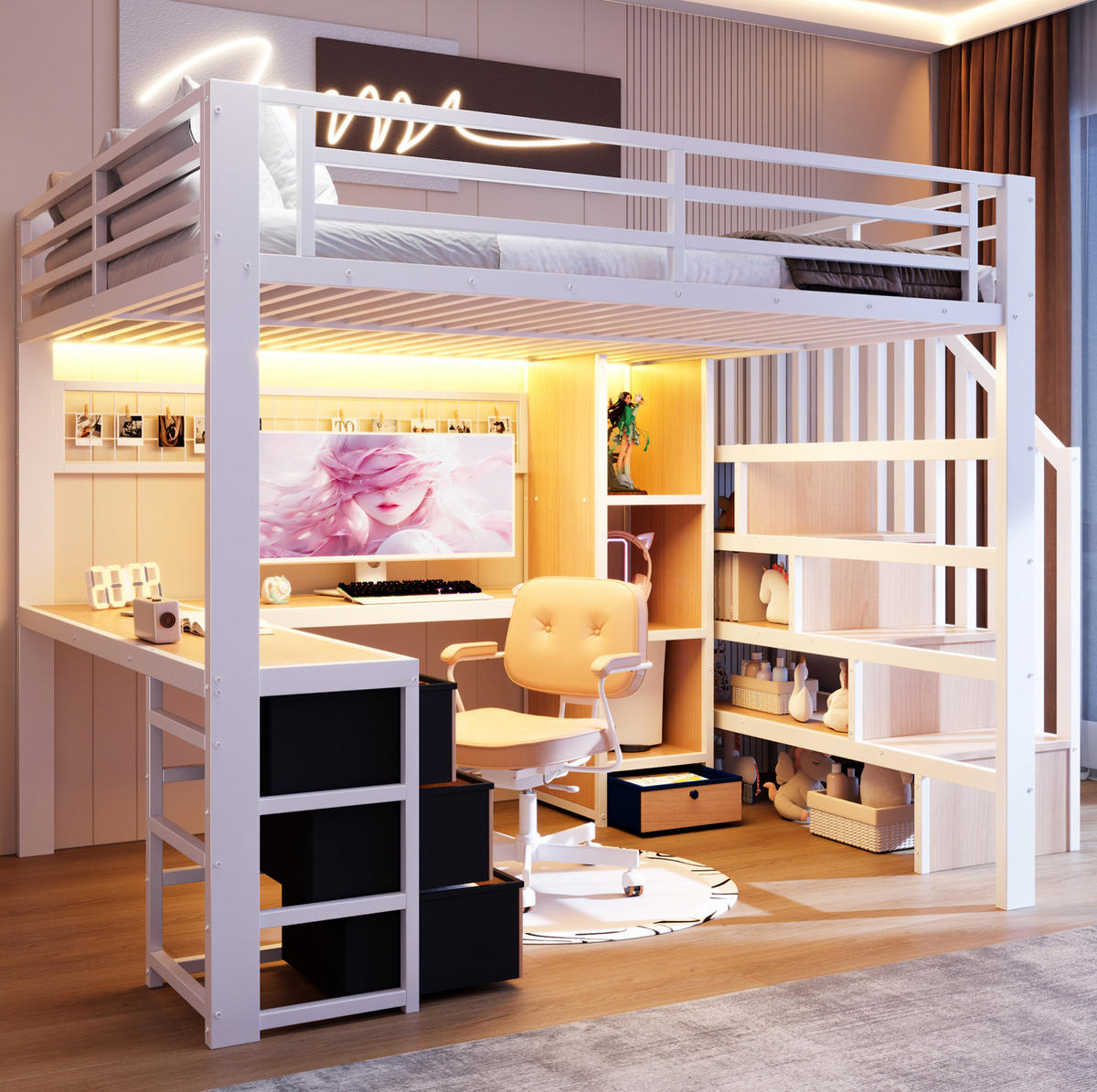 HOCHBETT 140/200 cm aus Metall mit LED, Schreibtisch, Stauraumtreppe, 4 Schubladen und Ablagefach, Weiß - Weiß, Metall (140/200cm) - Redom