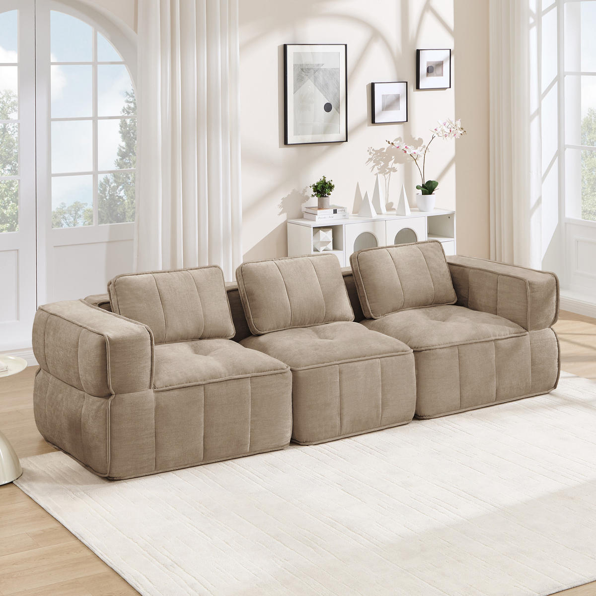 SOFA 271/93/67 cm in Sand aus Polyester mit modularer Flexibilität - Sandfarben, Kunststoff (93/67/271cm) - Flora Grace