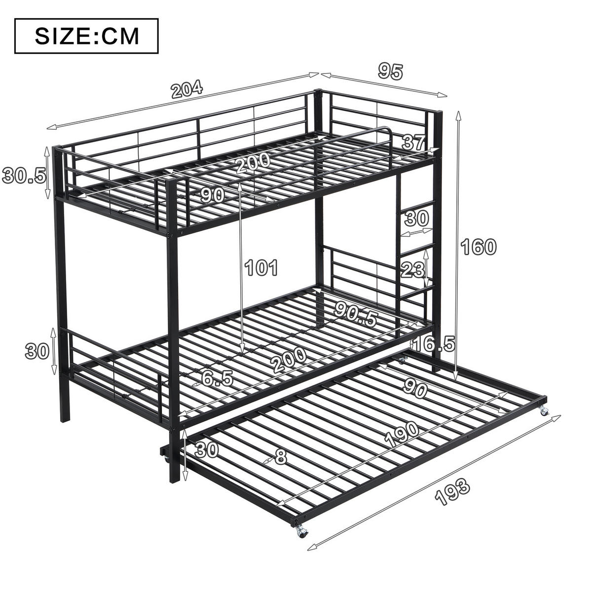 ETAGENBETT 90/200 cm mit Ausziehbett, Sicherheitsgittern, Leiter und Metallgestell, Schwarz - Schwarz, Metall (90/190cm) - Redom