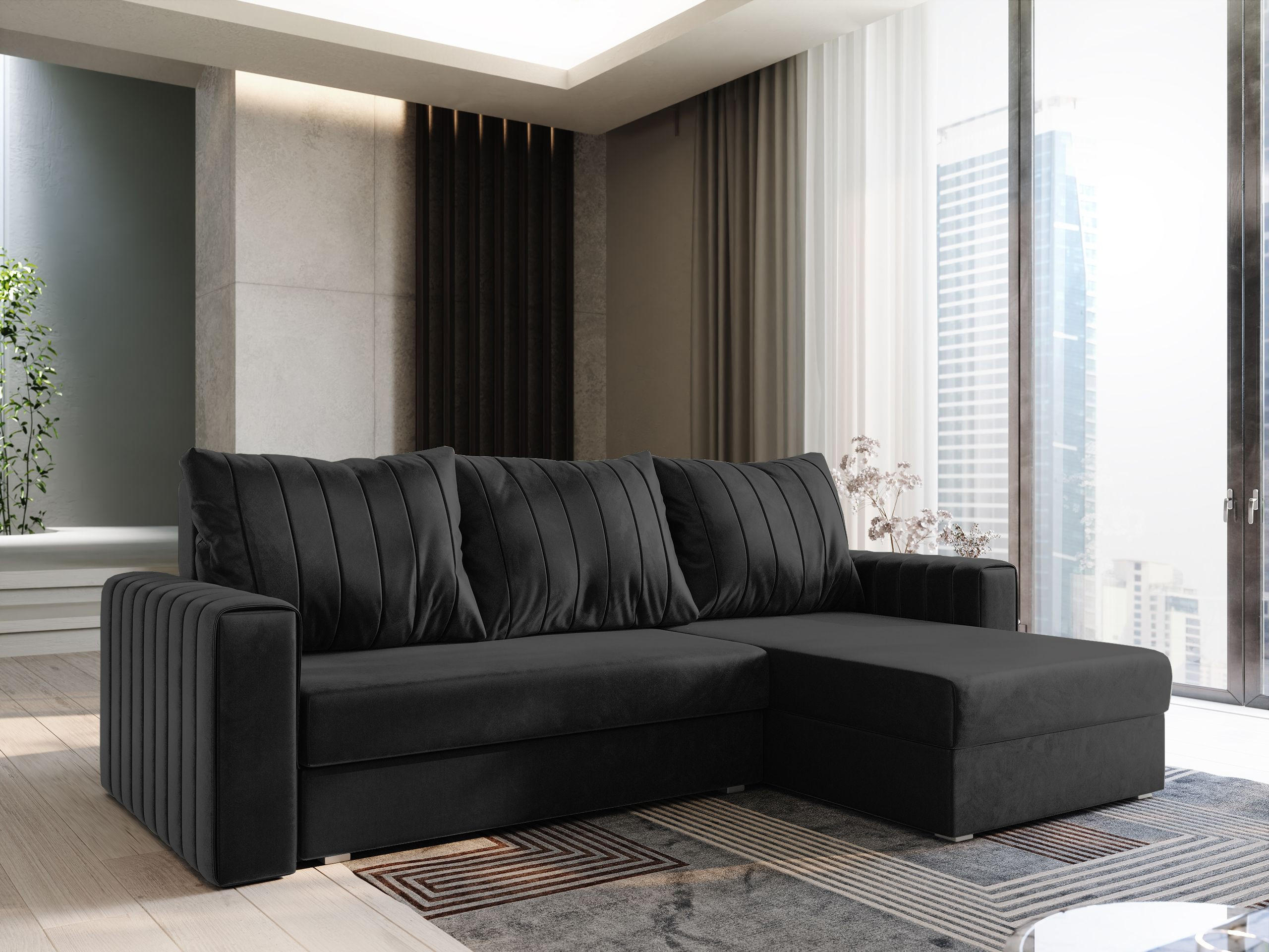 ECKSOFA CARL Schwarz Plüsch-Stoff mit Schlaffunktion - Schwarz, Holz (236/150cm) - MASSENO