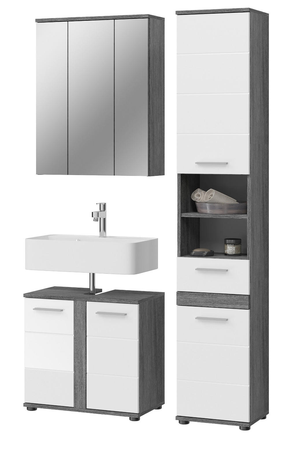 BADMÖBEL-SET weiß Hochglanz, grau 3-teilig 114 cm, Badkombination mit 18 Fächern - Weiß Hochglanz/Grau, Glas/Holzwerkstoff (114/191/34cm) - Inn.Furn
