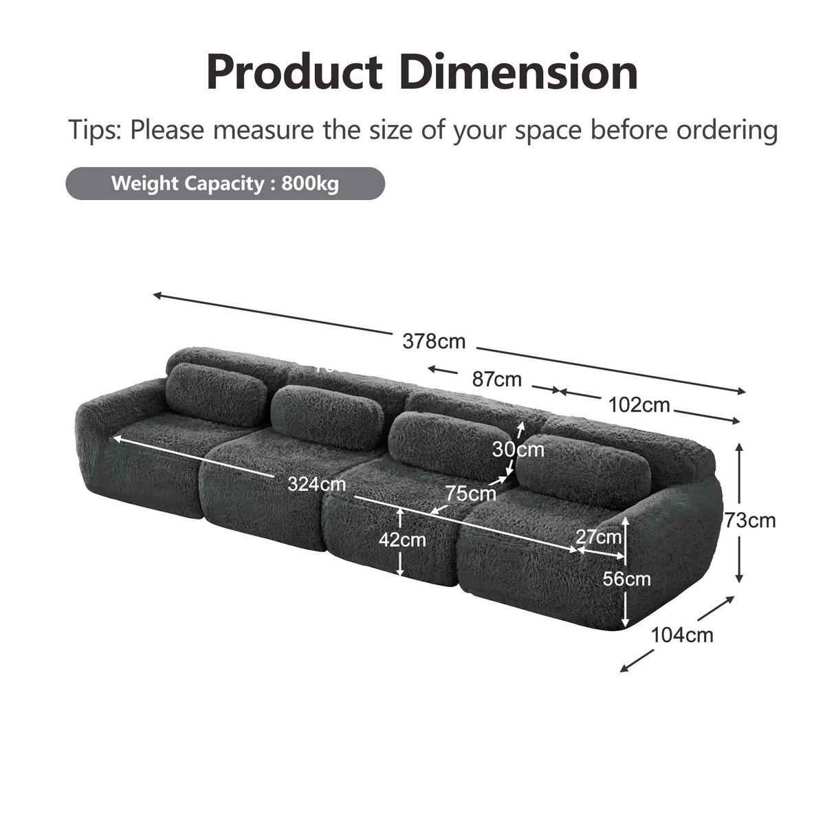 4-SITZER SOFA Plüsch Grau mit Kissen - Grau, Textil (378/73/104cm) - WISHDOR