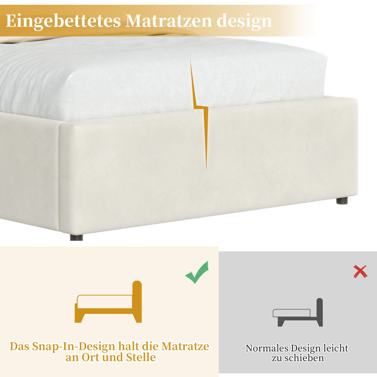 KINDER-POLSTERBETT aus Samt 90x200 cm Beige mit Bettkasten, LED-Beleuchtung und Lattenrost - Beige, Textil (90/200cm) - Modfu