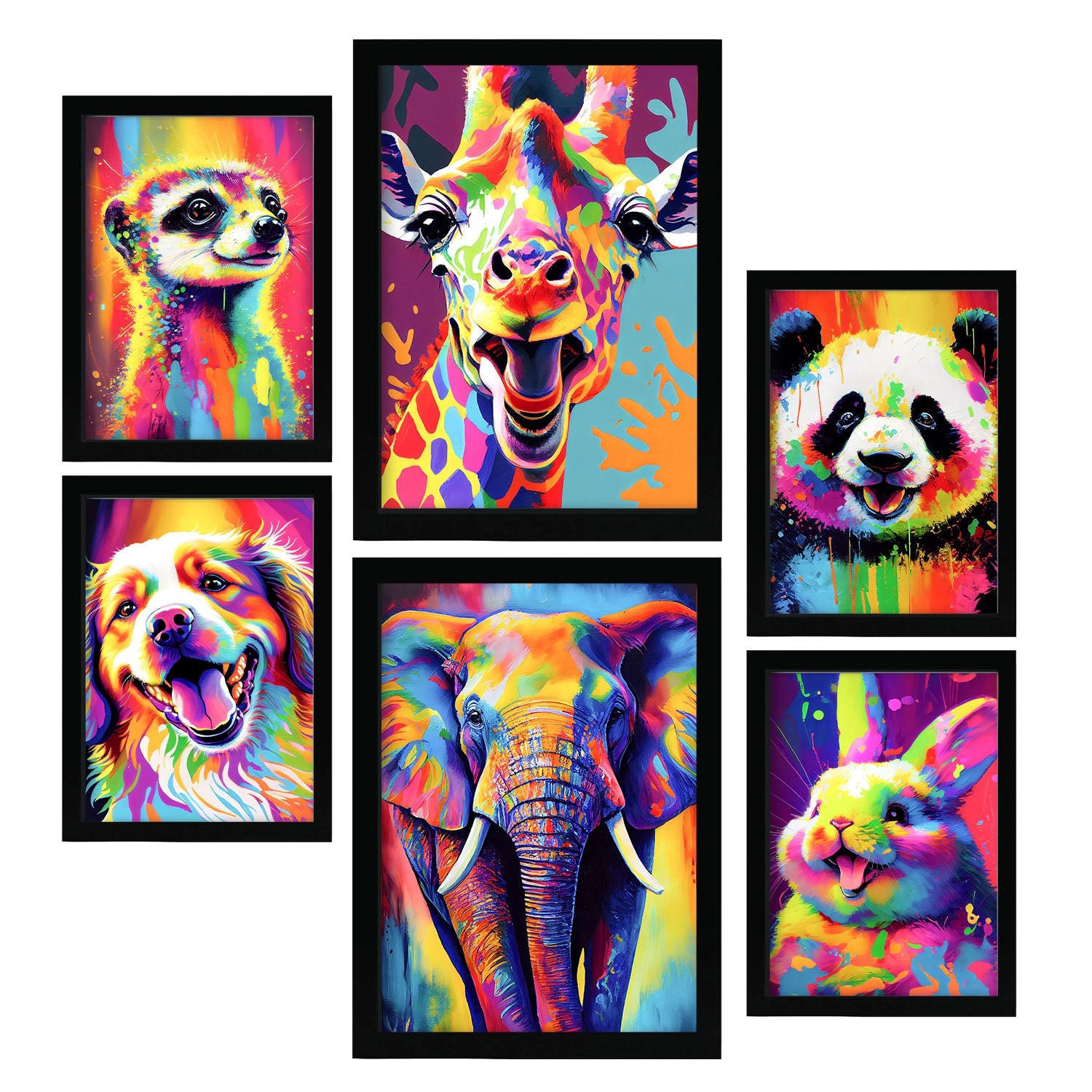 POSTER Set Mit 6 Freundliche Tiere Im Hochformat Lebhafte Aquarell Stil Illustrationen Von Lächelnde Tiere Innenarchitektur A3 & A4 Schwarzer Rahmen - Schwarz, Papier (29/3cm) - Nacnic