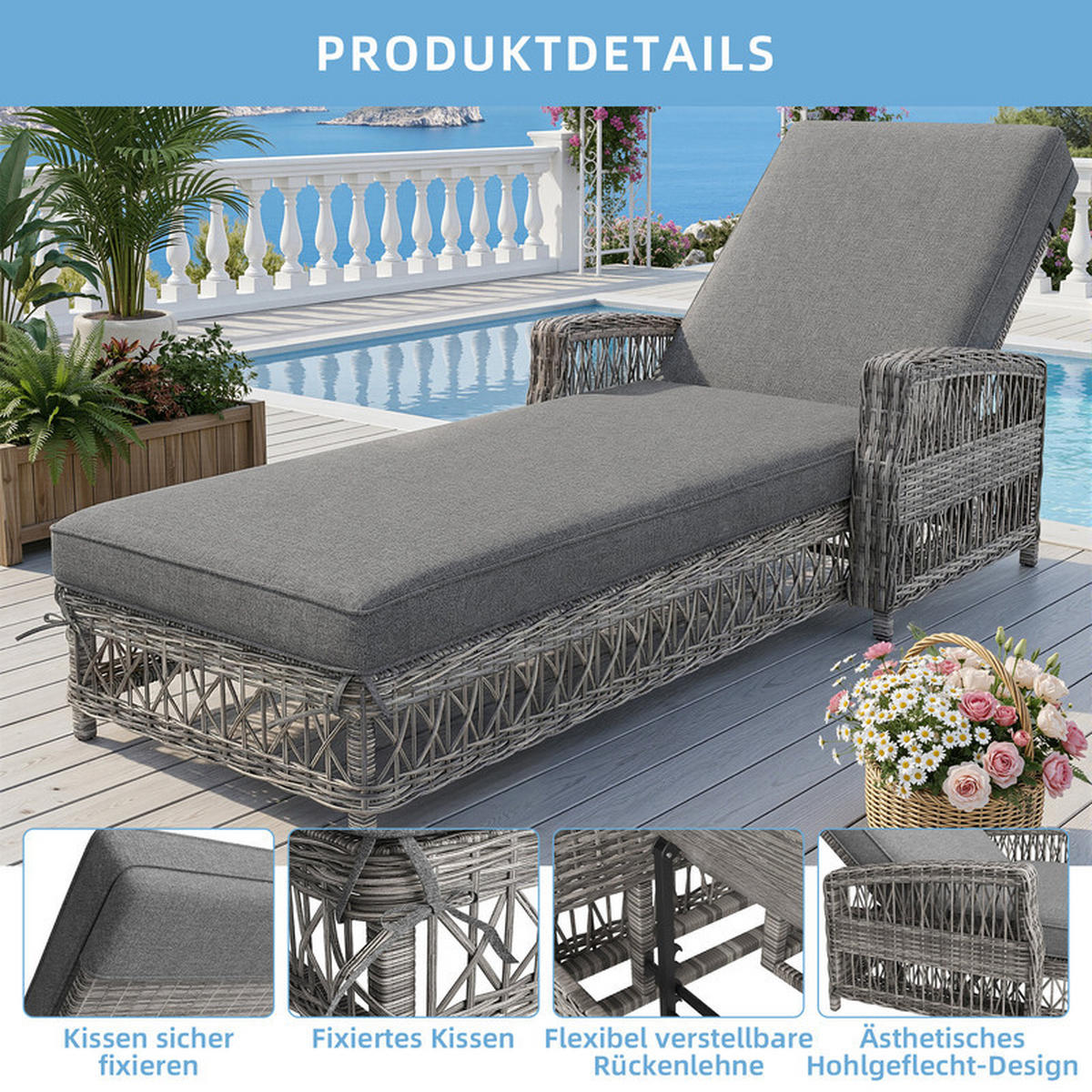 SONNENLIEGE RATTAN WETTERFEST verstellbare Rückenlehne Grau - Grau, Kunststoff (57/83/153cm) - Kaket