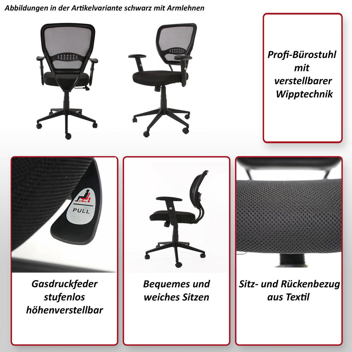 PROFI-BÜROSTUHL STOFF/TEXTIL Schwarz - Schwarz, Textil (72/110/60cm) - MCW