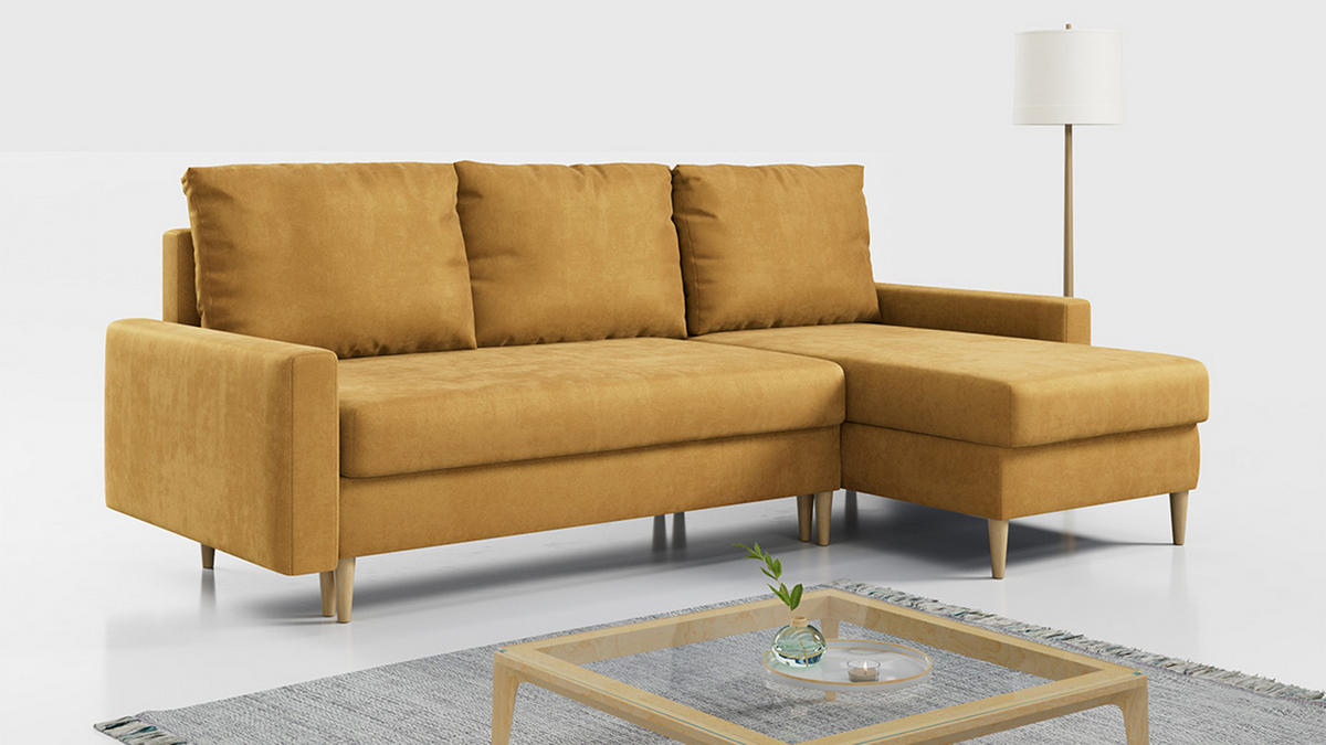 ECKSOFA Lang Velvet Gelb - Gelb/Braun, Holz/Textil (220/140cm) - MKS
