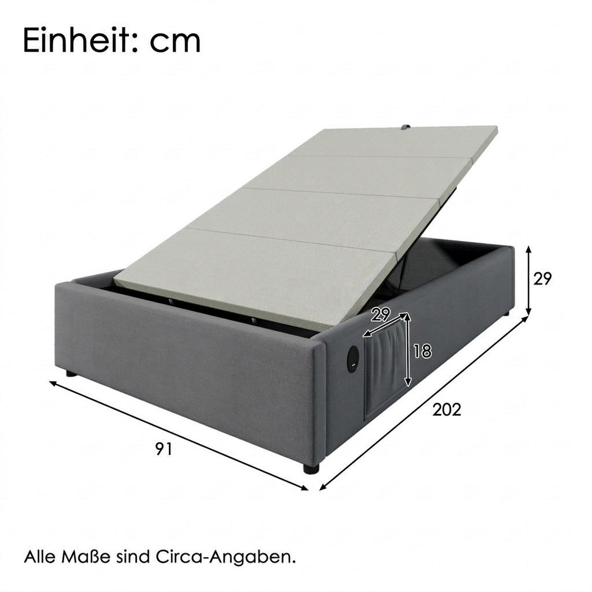 POLSTERBETT 90/200 cm Grau mit USB- C, Ohne Kopfteil - Grau, Textil (90/200cm) - Oxeza