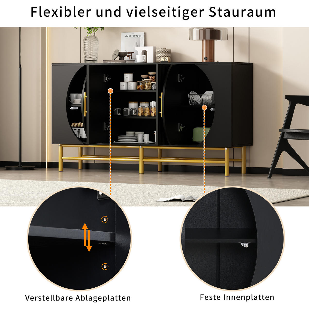 SIDEBOARD mit geriffelten Türen und goldenen Beinen Schwarz - Schwarz, Holzwerkstoff/Metall (40/81.5/145cm) - Urban Meuble