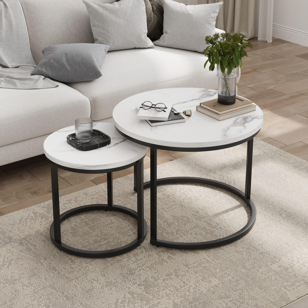 COUCHTISCH-SET 60/60/45 cm & 40/40/40 cm in Weiß mit Metallgestell, 2-teilig - Weiß, Holzwerkstoff (60/60/45cm) - Flora Grace