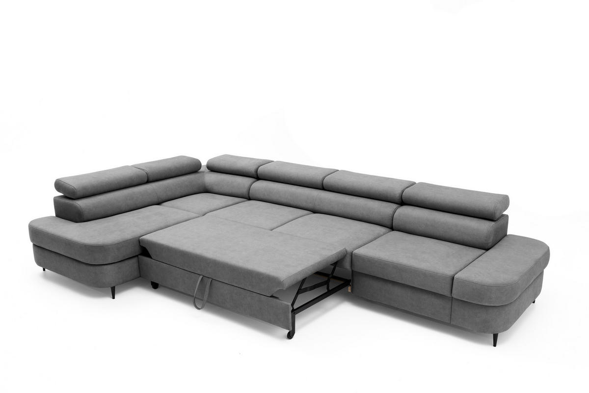 ECKSOFA PRIAM MAXI L-Form mit Schlaffunktion & Bettkasten, 6-Sitzer, 350cm, Verstellbare Kopfstützen, Ottomane Links - Grau, Holz/Textil (350/203cm) - Muffo