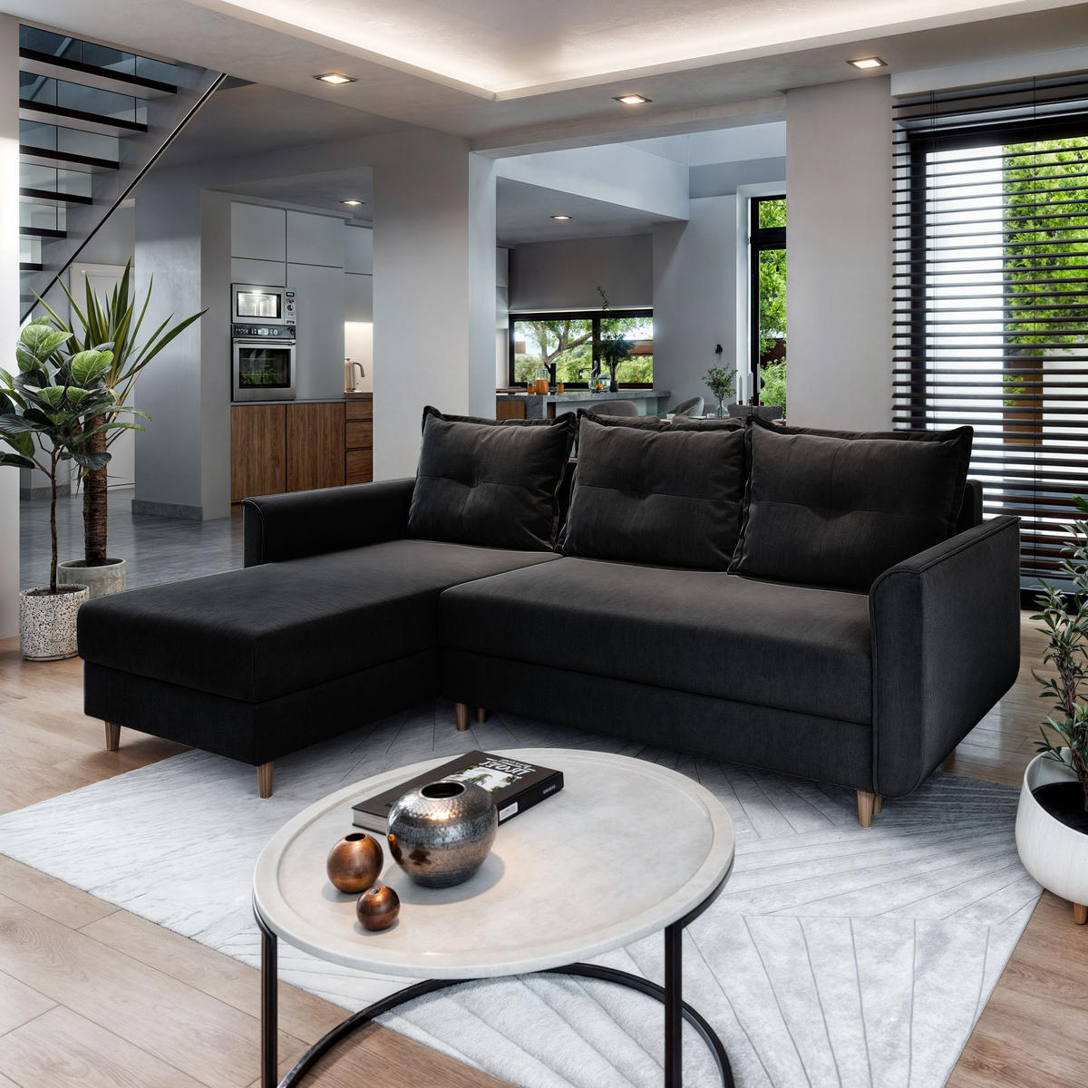 ECKSOFA PISAN L-S Schwarz Plüsch-Stoff mit Schlaffunktion - Schwarz, Holz (220/140cm) - MASSENO