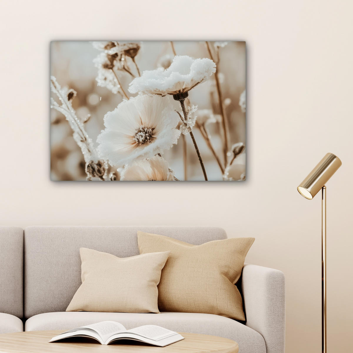 LEINWANDBILD Blumen - Winter - Weiß - Schnee - Beige Wandbilder 80x60 cm - Creme, Textil (80/60cm) - MuchoWow