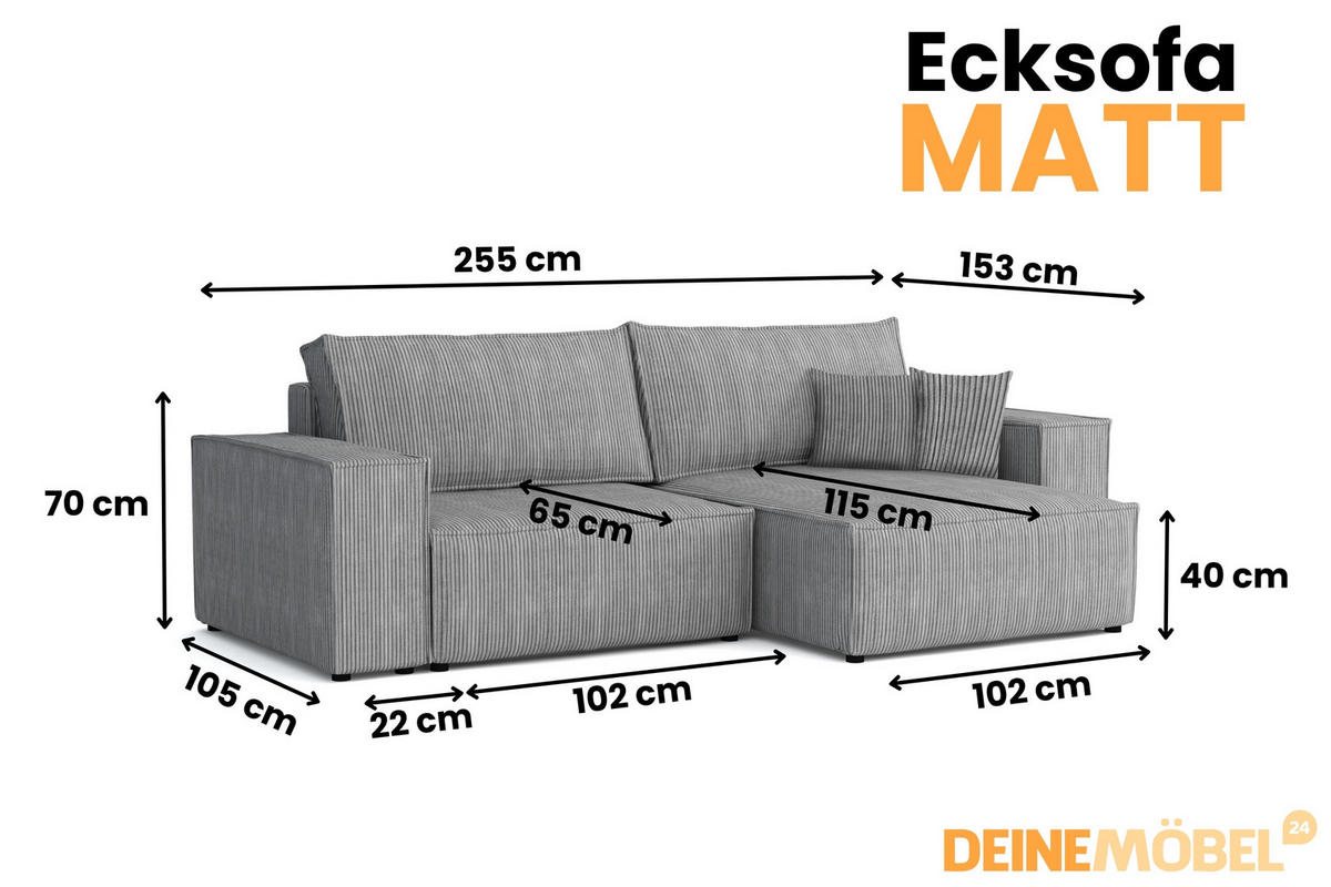 ECKSOFA MATT 255/153 cm links in Cord Hellgrau - Hellgrau/Schwarz, Holz/Holzwerkstoff (255/153cm) - Deine Möbel 24