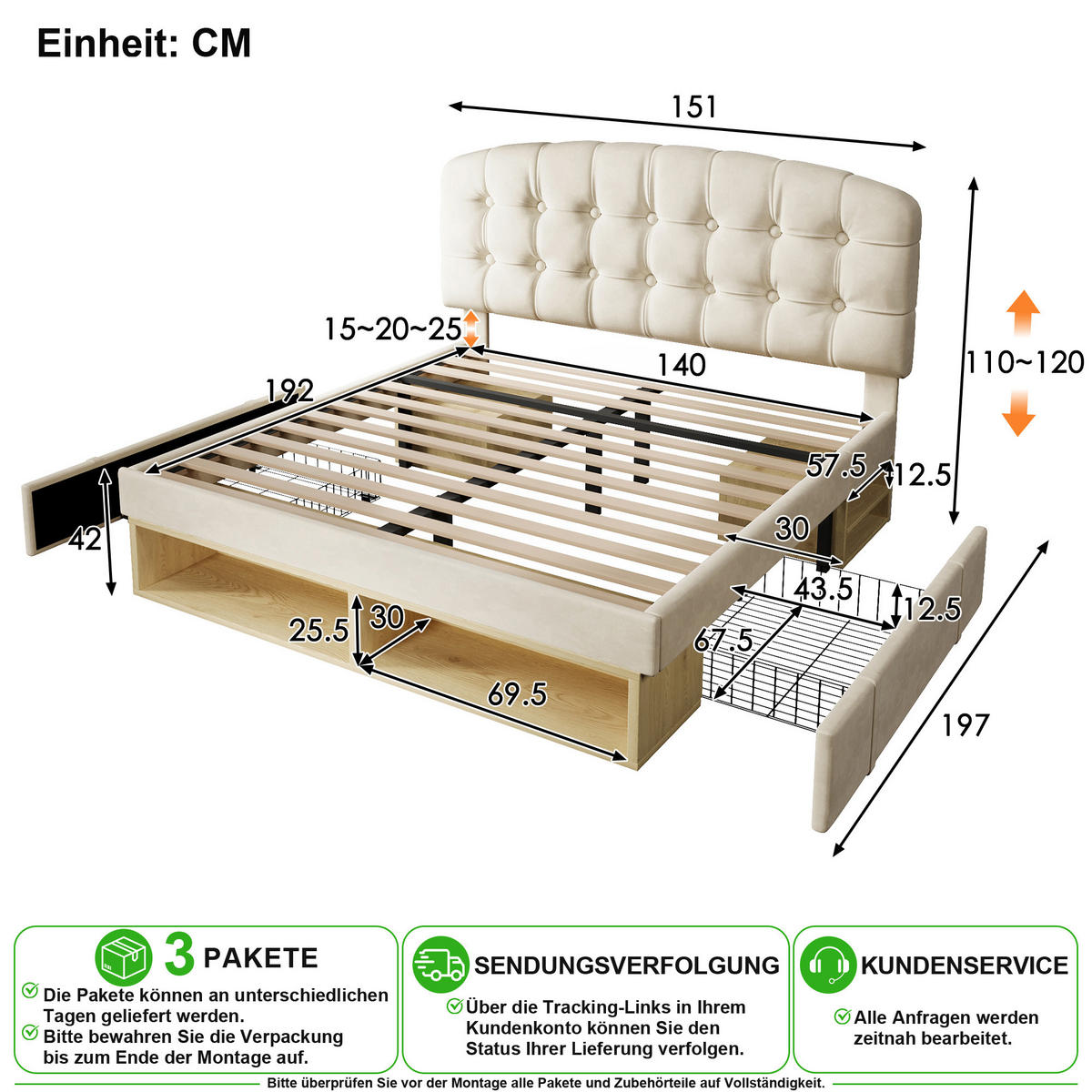 POLSTERBETT 140/190 cm in Beige Samt mit Schubladen, Regal und verstellbarem Kopfteil - Beige, Holzwerkstoff/Textil (140/190cm) - CHICFURN