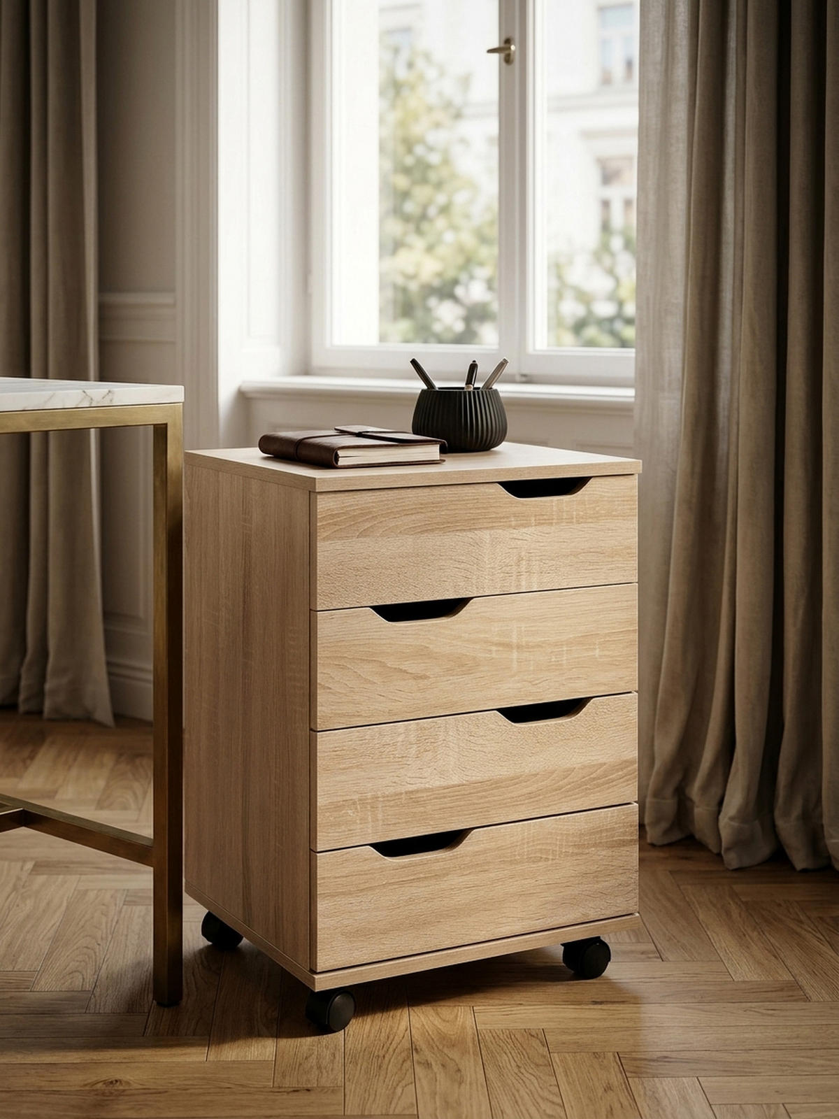 ROLLCONTAINER – Weiß, 4 Schubladen, Rollen, stilvoll, für Büro - Beige/Schwarz, Holz/Kunststoff (40/60/40cm) - KADIMA DESIGN