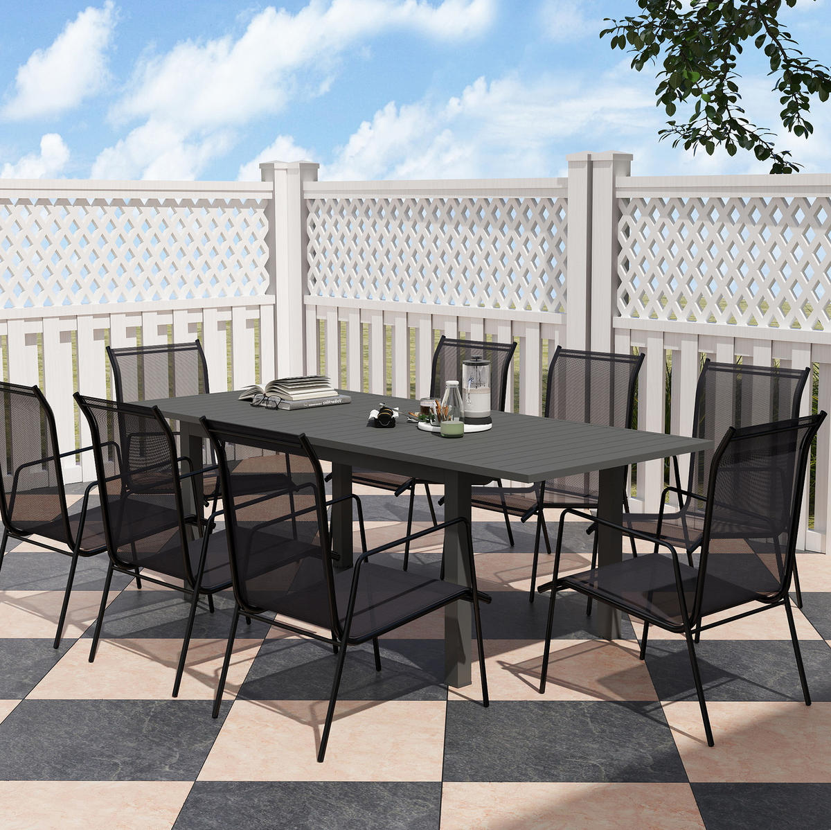 GARTENTISCH aus Aluminium 160/220x90x73 cm Grau ausziehbar mit Schmetterlingsmechanismus und geschlitzter Tischplatte - Grau, Metall (220/90/73cm) - Modfu