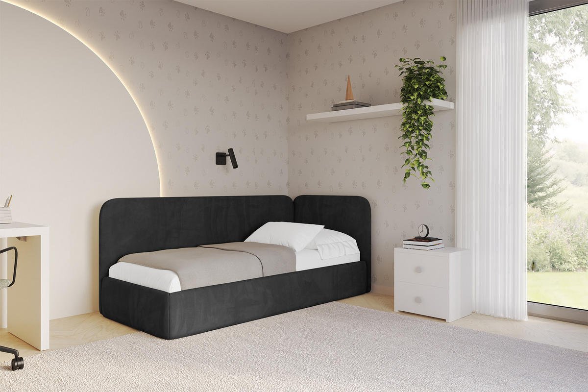 EINZELLBETT Jugendbett mit Bettkasten und Matratze H3/H4, Links - ELSY 100x200 Schwarz - Schwarz, Holzwerkstoff/Textil (100/200cm) - ALTDECOR