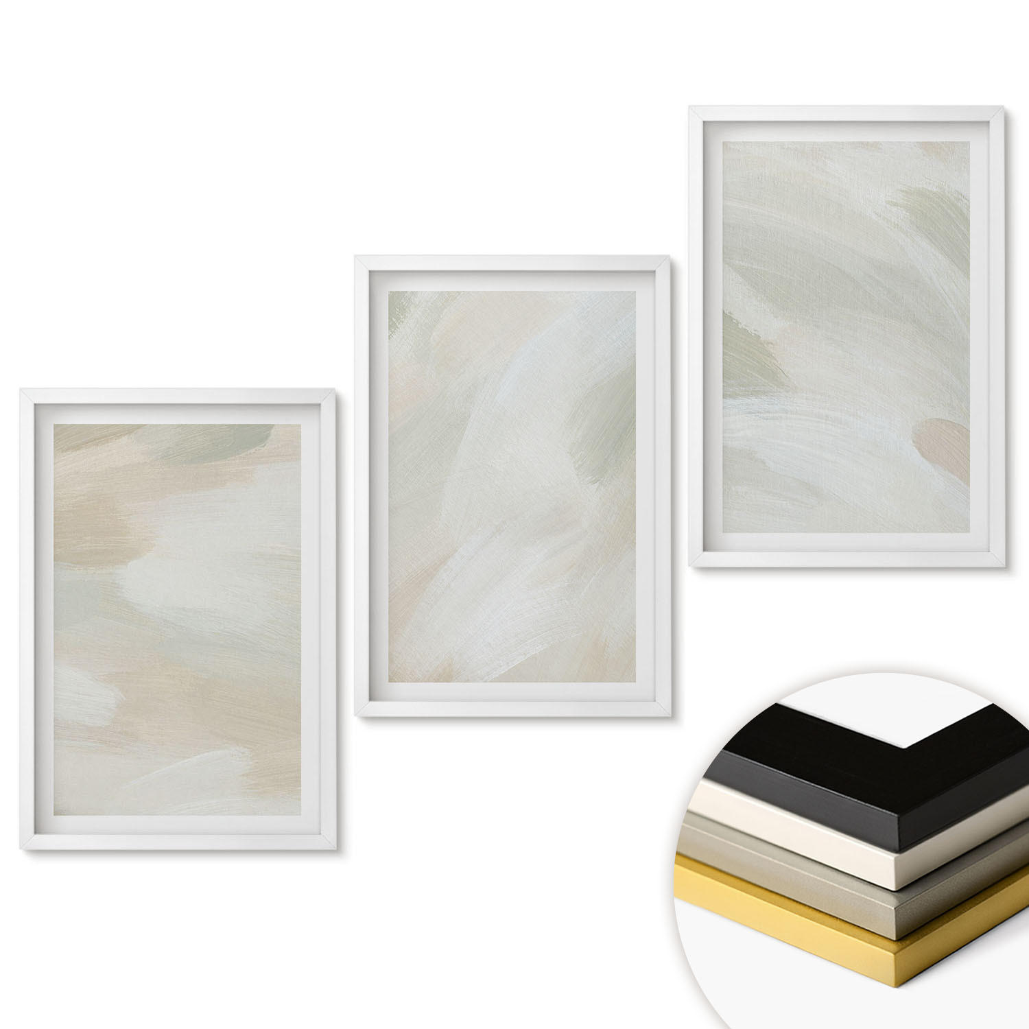WANDBILDER 3er-Set - 40x60 cm Weißer Rahmen - Leuchtende Farben, abstrakter Boho-Stil - Weiß, Kunststoff (40/60cm) - ArtPrintCave