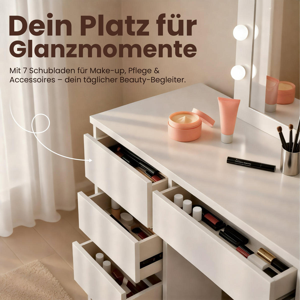 SCHMINKTISCH eckig 130/45/145 cm Holz Weiß - Weiß, Holz (130/145/45cm) - CLP