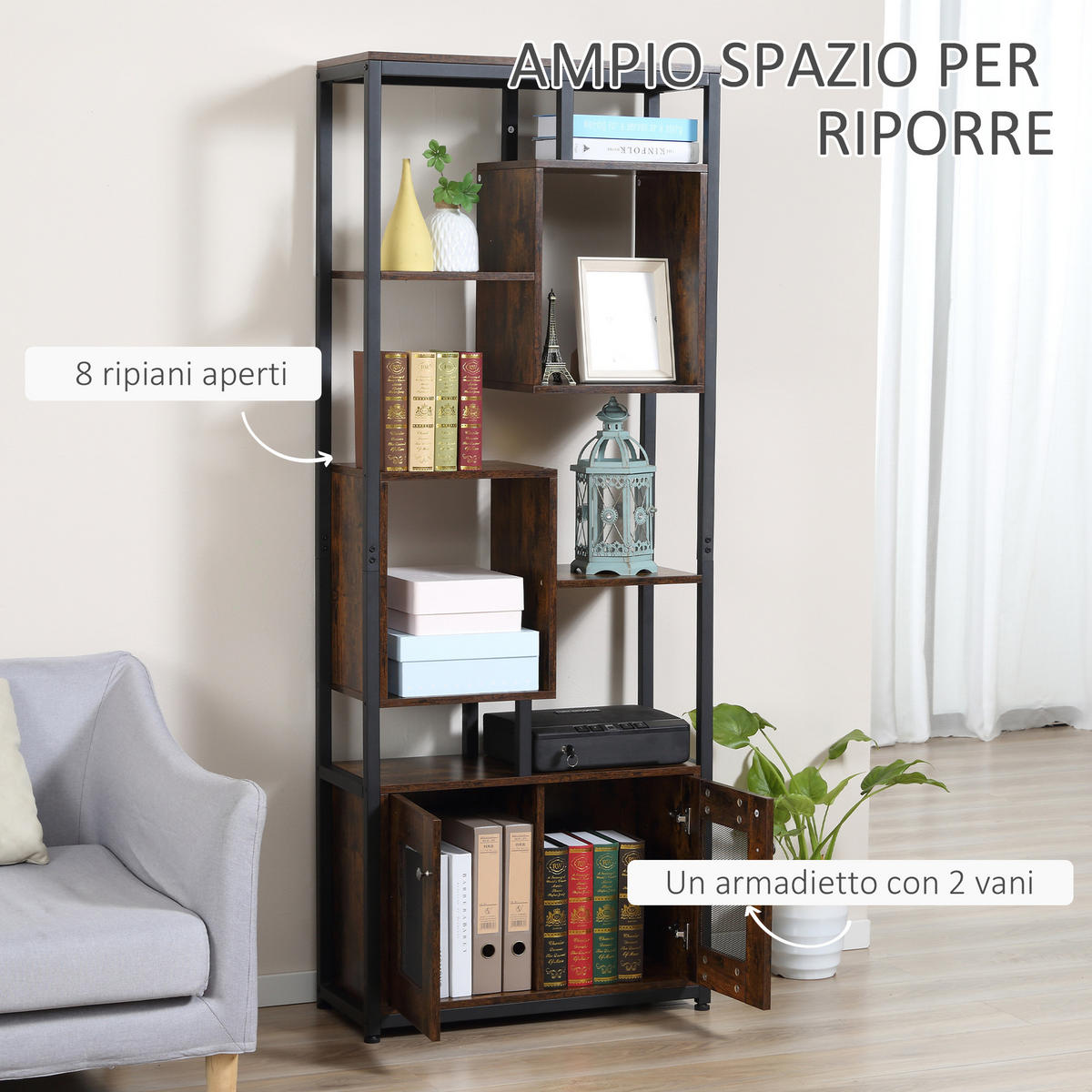 BÜCHERREGAL,INDUSTRIE 8-stöckig mit 2 Türen 70x30x180cm,braun - Braun, Holzwerkstoff (70/180/30cm) - Vallsero