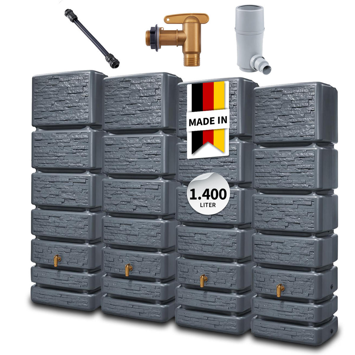WANDTANK Komplett-Set 1400 L graphite grey 4 x 350 L inkl. Verbindungsset, Kunststoff-Auslaufhahn und Fallrohranschluss - Grau, Kunststoff (270/184/39cm) - 4rain