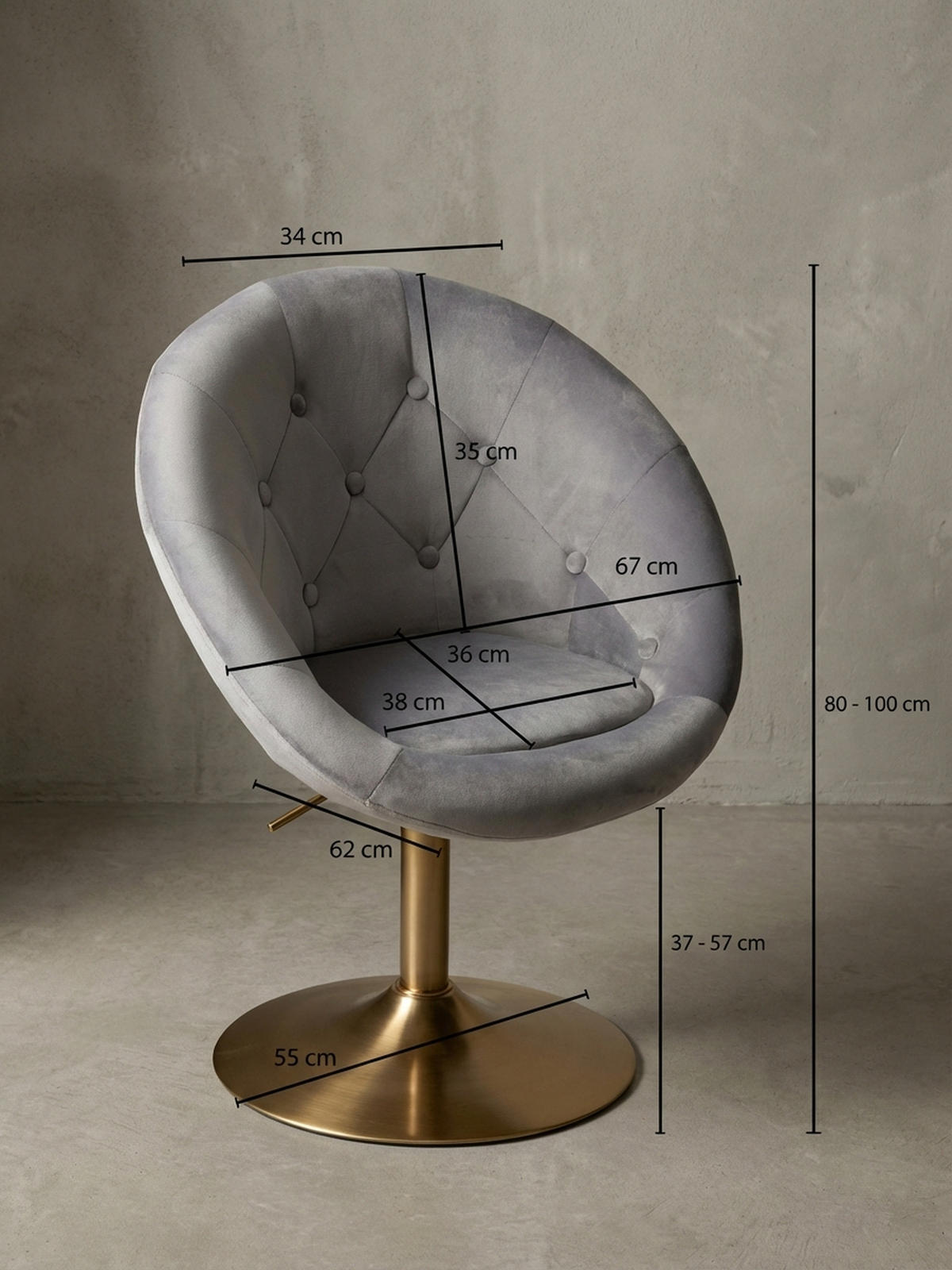 LOUNGESESSEL Chesterfield-Stil mit Samtbezug und 360° Drehfunktion, Grau 67x62x100 cm - Goldfarben/Grau, Textil/Metall (67/100/62cm) - KADIMA DESIGN
