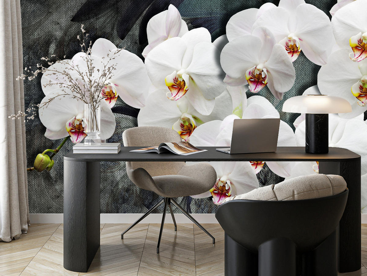 FOTOTAPETA Pre Spálňu Biele Orchidey Rustikálne Pozadie Florálna 300 x 210 cm - sivá/biela, papier (300/210cm) - Muralo