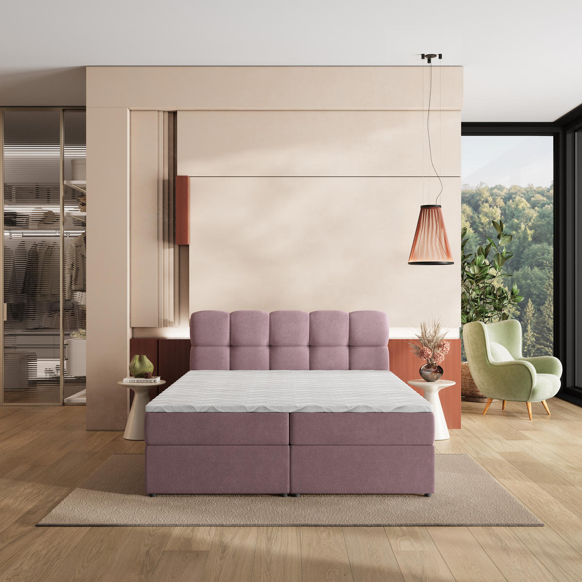 POSTEL Boxspring MERU 180x200 cm Praškovitě růžová - světle růžová, kompozitní dřevo/textil (180/200cm) - MASSENO
