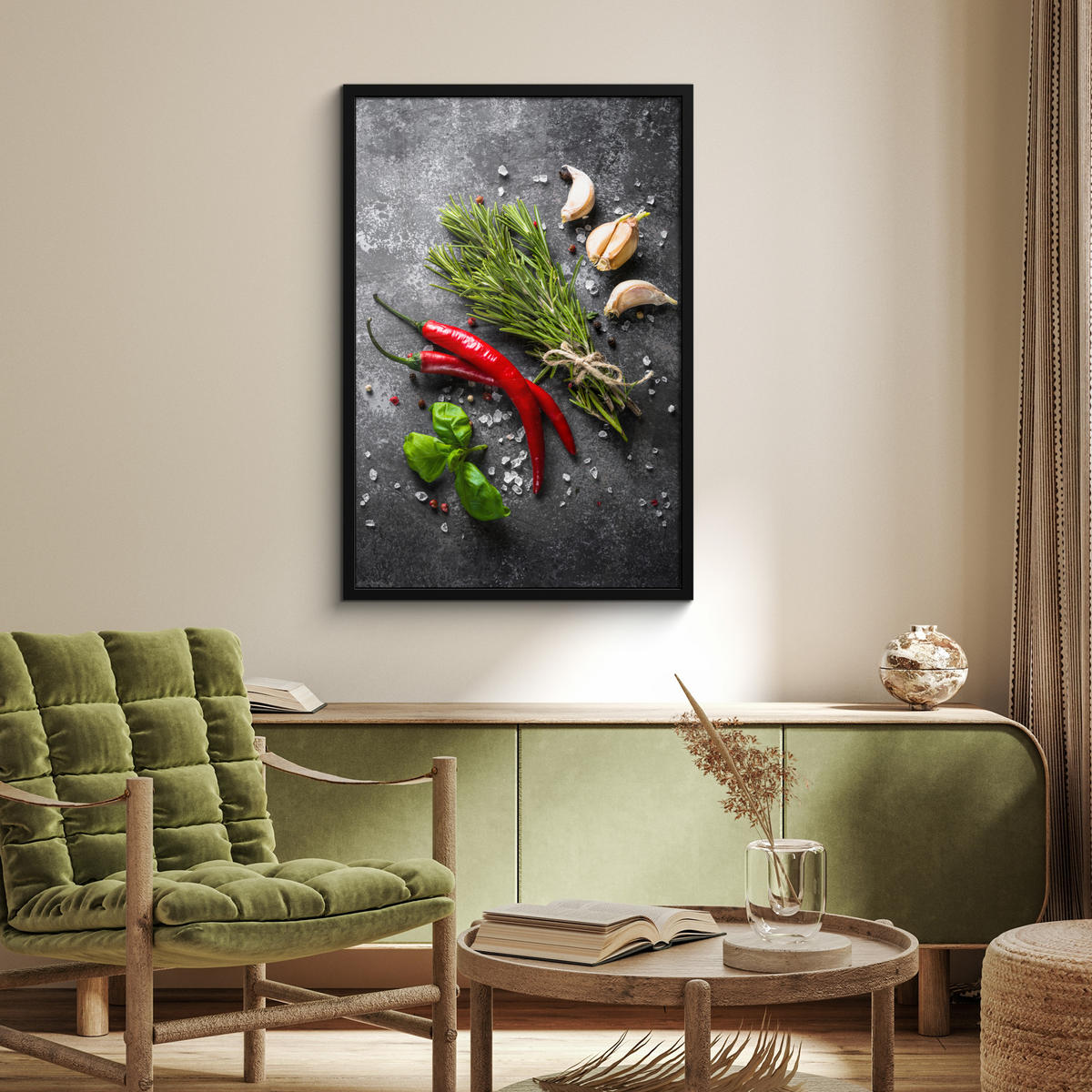ZARÁMOVANÝ PLAGÁT Korenie - bylinky - korenie - betón 60x90 cm - tmavosivá, papier (60/90cm) - MuchoWow