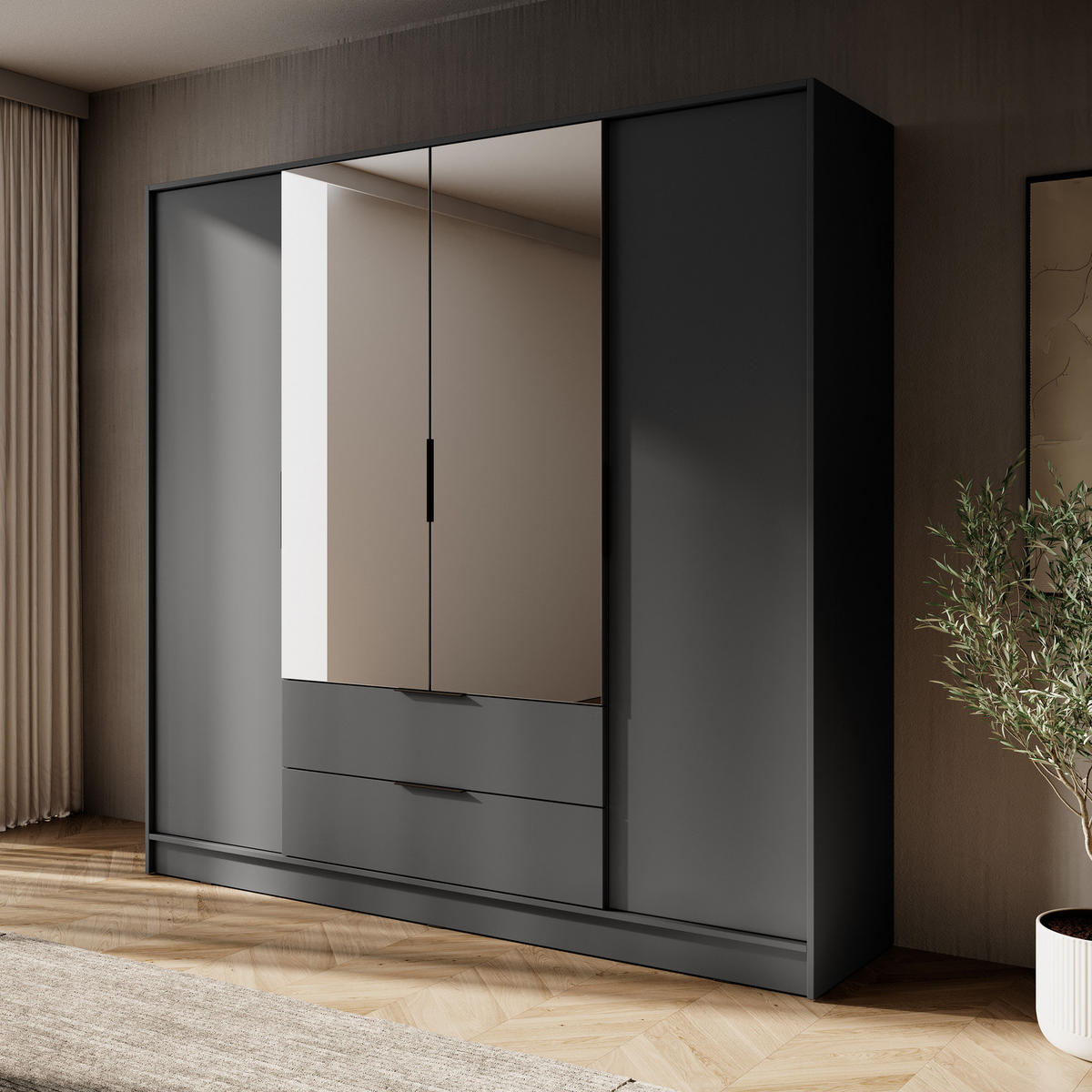 GROSSER Kleiderschrank RICADI 4DL (Graphit, Spiegel, 4 Türen, 2 Schubladen, Kleiderstange, Kunststoffgriffe) - Schwarz/Graphitfarben, Holz/Holzwerkstoff (206/200/51cm) - Ravio
