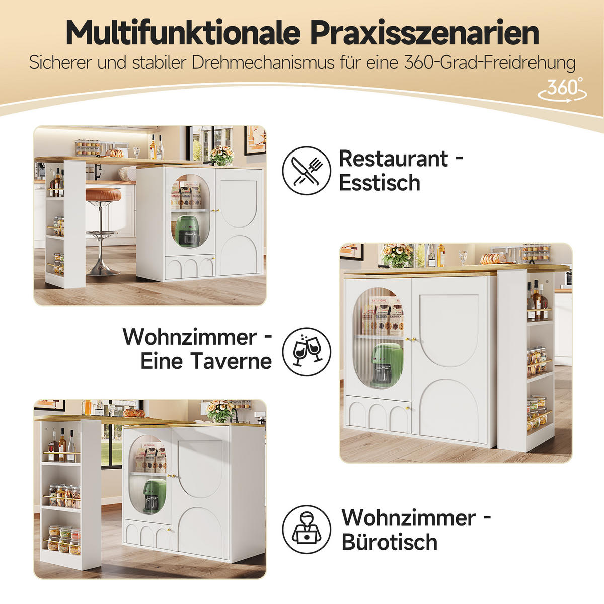 BARTISCH mit Stauraum Weiß Holzoptik 204 cm drehbar - Weiß, Glas/Holzwerkstoff (137.9/92.5/73cm) - Urban Meuble