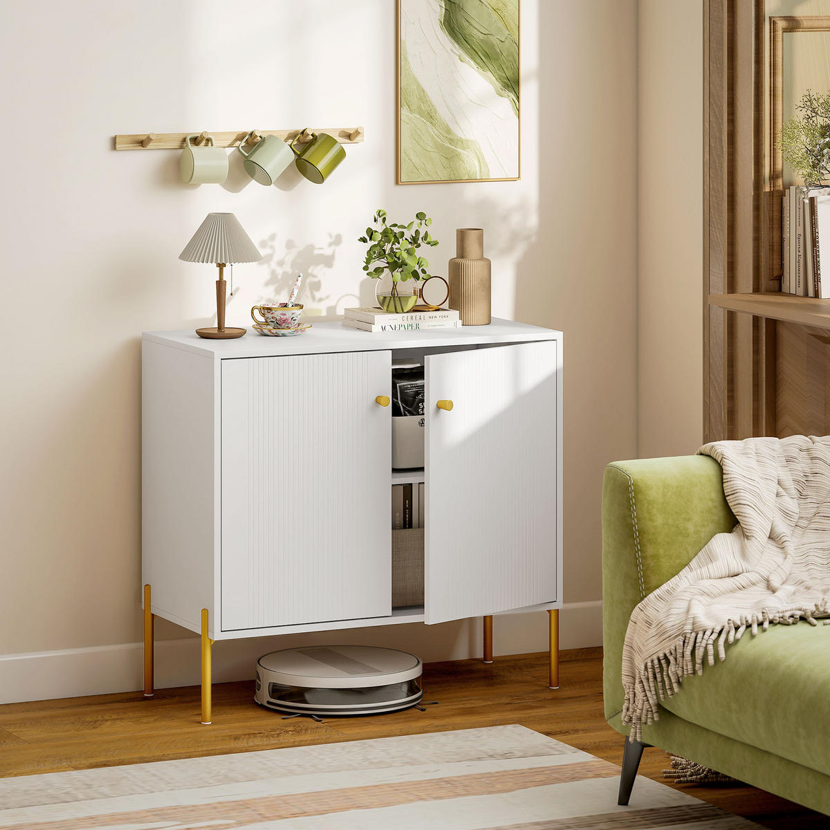 SIDEBOARD DE-11242 1 gerillte Doppeltür Weiß - Weiß, Holzwerkstoff (80/76/39.1cm) - ComfortXL
