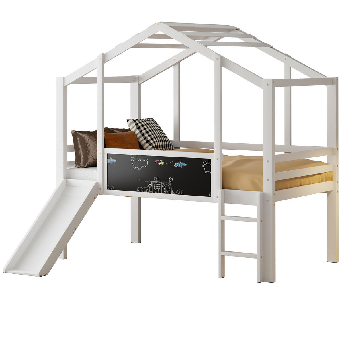 HOCHBETT 90/200 cm Dachboden-Design mit Rutsche und Tafel Weiß mit Matratze - Weiß, Holzwerkstoff (90/200cm) - OKWISH