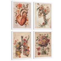 POSTER Set aus 4 Vintage Anatomie Drucke und Wandbilder mit Blumen Herz Lungen Schädel und Gehirn Medizinische Wanddekoration Größe Weißer Rahmen A3 - Weiß, Papier (29.7/42/3cm) - Nacnic