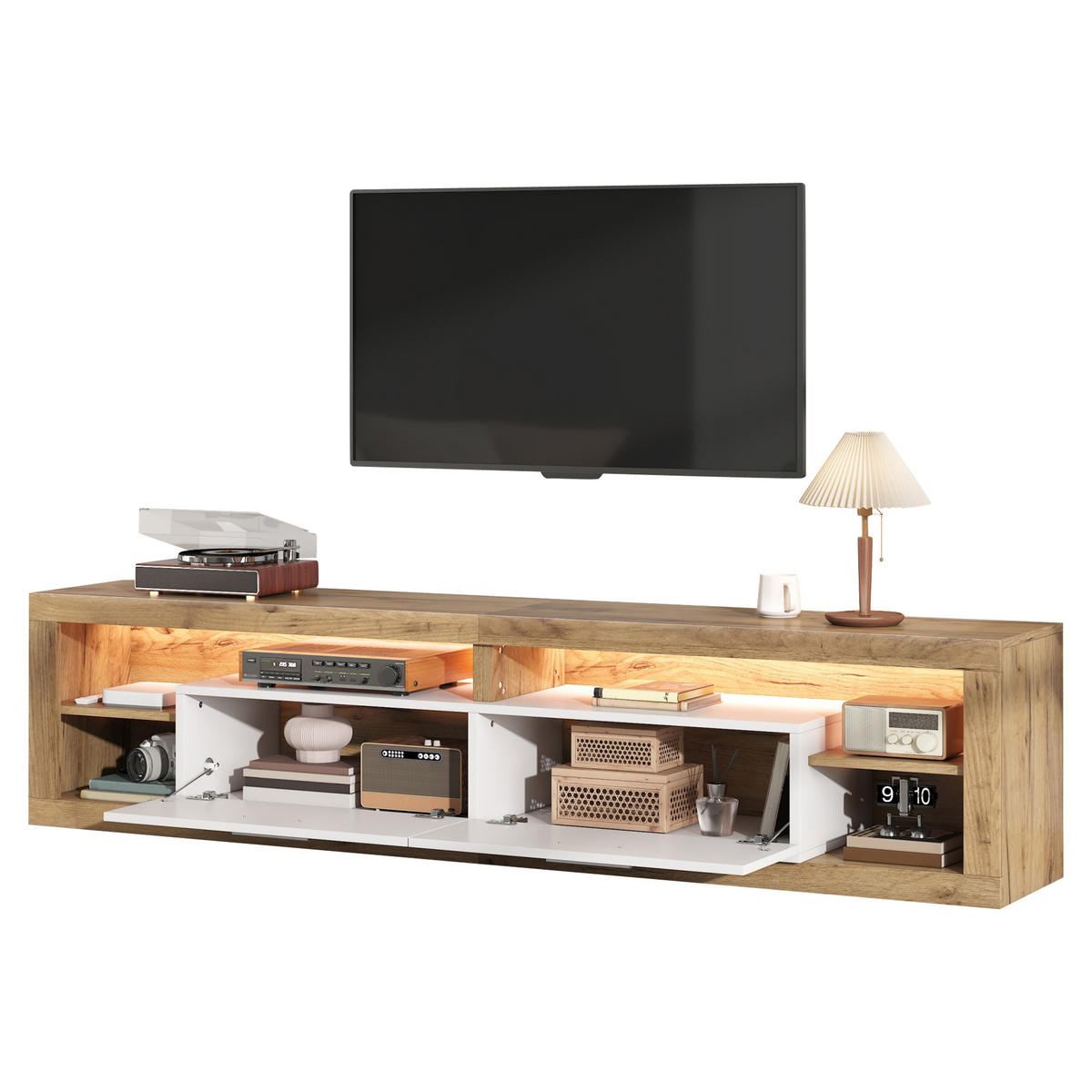 TV-ELEMENT180X35,5X50CM mit App-gesteuerter LED-Beleuchtung für 75-Zoll-TV - Naturfarben, Holz (46.51/13.31/131.7cm) - Raelunyi