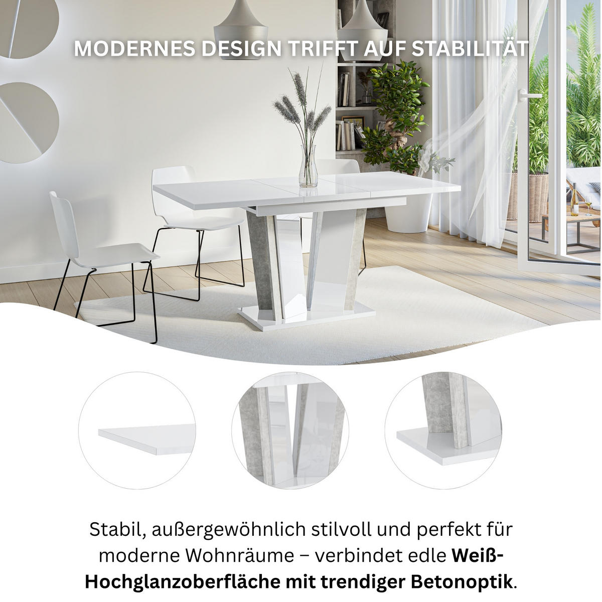 ESSTISCH Ausziehbar 120-160 cm Weiß glänzend - Weiß Hochglanz, Holzwerkstoff (160/80/75cm) - Home Collective